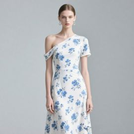 Elegant One - Shoulder Blue Floral Print Midi Dress for Women