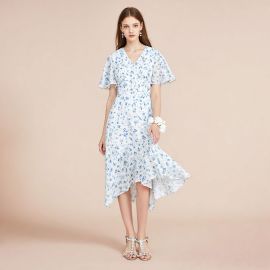 Women's Blue & White Floral V-Neck Asymmetric Hem Summer Dress