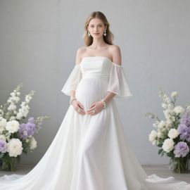 Elegant Off - Shoulder Maternity Gown | White Chiffon Pregnancy Photoshoot Dress