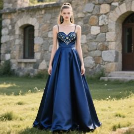 Elegant Navy Blue Satin Prom Dress with Sequined Heart Bodice