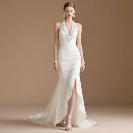 Elegant White Halter Neck Wedding Dress with Floral Embroidery & High Slit