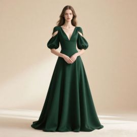 Elegant Emerald Green Long Evening Gown with Puff Sleeves & V - Neck Design