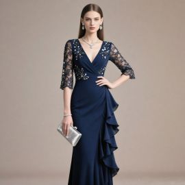 Navy Blue Lace Sequined Asymmetric Ruffle Evening Gown - Elegant Formal Dress