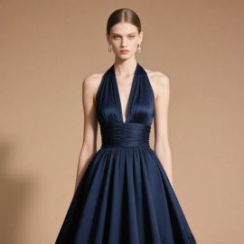 Navy Blue Halter Neck Plunge Gown with Ruched Waist & Flowy Skirt - Elegant Evening Dress