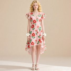 Pink Floral Dress: V-Neck Ruffled Sleeves High-Low Hem Women's Summer Fashion
