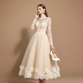 Elegant High Neck Long Sleeve Lace Tulle Midi Dress with Floral Applique