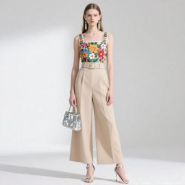 Floral Embroidered Sleeveless Top & High-Waisted Wide-Leg Pants - Stylish Summer Ensemble