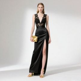 Elegant Black Lace Deep V-Neck High-Slit Satin Evening Gown