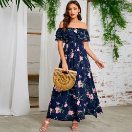 Off - Shoulder Ruffled Floral Print Maxi Dress for Women