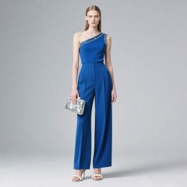 Elegant Royal Blue One - Shoulder Jumpsuit with Crystal Embellishment