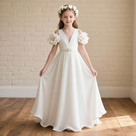Elegant White Kids Flower Girl Dress Long Gown with Floral Shoulder Decorations