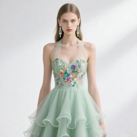 Mint Green Halter Neck Sequined Prom Dress with Layered Tulle Skirt - Elegant Evening Gown
