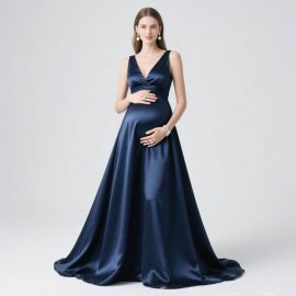 Maternity Navy Blue Satin V-Neck Evening Gown - Elegant Flowing Skirt Pregnancy Formal Dress