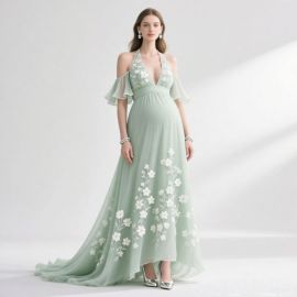 Elegant Maternity Gown: Mint Green Off - Shoulder Floral Embroidery Flowy Maxi Dress
