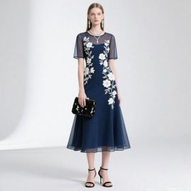 Navy Blue Floral Embroidered Midi Dress with Short Sleeves - Elegant Evening Wear