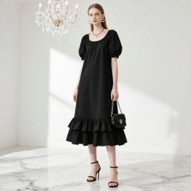 Elegant Black Midi Dress with Puff Sleeves & Ruffled Hem - Chic Summer Style
