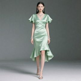 Mint Green Satin Asymmetric Hem Dress with Ruffled Sleeves - Elegant V-Neck Midi Gown