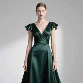 Emerald Green Satin V-Neck Ruffled Sleeve Elegant Evening Dress