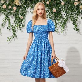 Blue Floral Puff Sleeve Square Neck Midi Dress - Vintage Summer Style