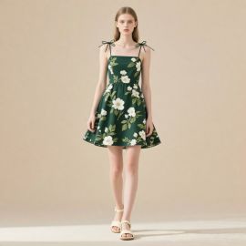 Women's Green Floral Print Spaghetti Strap A - Line Summer Dress