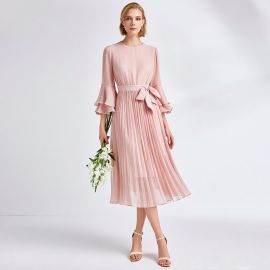 Elegant Pink Pleated Midi Dress: Flared Sleeves & Waist Belt for Summer Events
