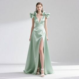 Mint Green Satin Evening Gown with Bow Shoulder & High Slit - Elegant Formal Dress