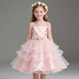 Pink Satin Tulle Flower Girl Dress for Kids - Pearl Belt Princess Party Gown