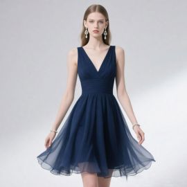 Elegant Navy Blue V-Neck Sleeveless Short Prom Dress
