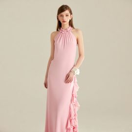 Elegant Pink Halter Neck Ruffle Detail Long Evening Dress