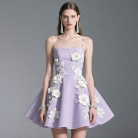 Lavender Floral Embroidered Spaghetti Strap Mini Dress - Chic & Elegant Women's Fashion