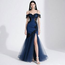 Elegant Navy Blue Off - Shoulder Mermaid Gown with Lace Appliqué & High Slit