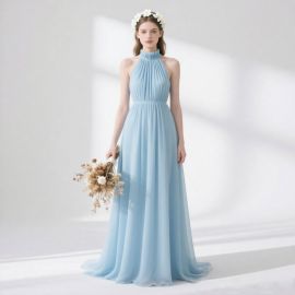 Light Blue Halter Neck Pleated Maxi Dress - Elegant Bridesmaid & Wedding Guest Gown