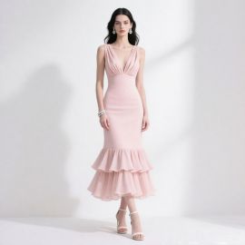 Elegant Pink Sleeveless Deep V Neck Mermaid Dress with Tiered Ruffle Hem