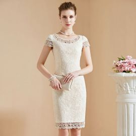 Elegant Ivory Lace Midi Dress - Short Sleeve Vintage Style for Women