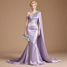 Lavender One-Shoulder Evening Gown with Beaded Embellishments & Cape - Elegant Formal Dress
