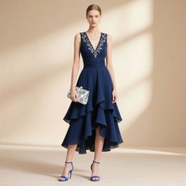 Elegant Navy Blue Embroidered V-Neck High-Low Evening Dress