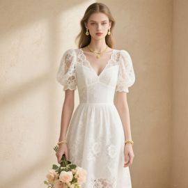 Elegant White Lace Dress: V-Neck Puff Sleeve Midi Gown for Weddings & Events