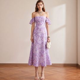 Elegant Purple Floral Off - Shoulder Midi Dress