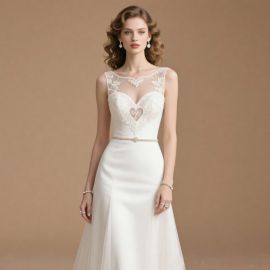 Elegant White Wedding Dress with Lace Heart Bodice & Slim Fit Skirt