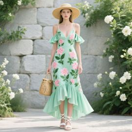 Mint Green Off-Shoulder Floral Embroidered Maxi Dress - Summer Boho Ruffled Hem Vacation Dress
