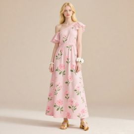 Pink One - Shoulder Floral Print Maxi Dress with Ruffles