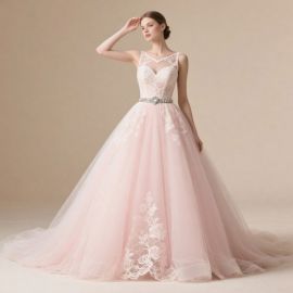 Elegant Pink Lace Wedding Dress with Beaded Waist & Train