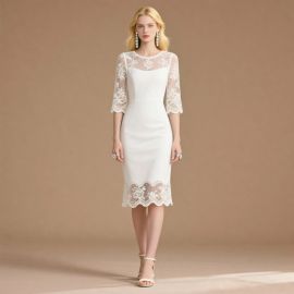 Chic White Lace Midi Dress: Three - Quarter Sleeves & Elegant Fit - and - Flare Silhouette