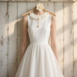 Elegant White Sleeveless Dress with Ruffled Collar & Pearl Embellishment - Vintage Style