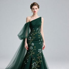 Emerald Green One - Shoulder Embroidered Sequined Mermaid Evening Gown