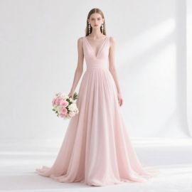 Elegant Pink Deep V Neck Sleeveless Flowy Long Evening Gown for Weddings & Formal Occasions