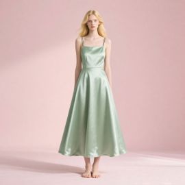 Elegant Sage Green Satin Midi Dress with Thin Straps - Chic Summer Style