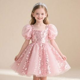 Charming Girls' Pink Sparkly Sequin Princess Dress with Puff Sleeves & Tulle Skirt