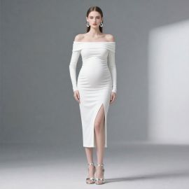 Elegant White Off - Shoulder Long - Sleeve Maternity Dress with High Slit