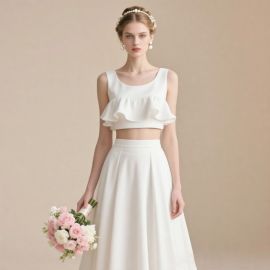 Elegant White Two - Piece Wedding Dress: Ruffled Crop Top & High - Waisted Skirt